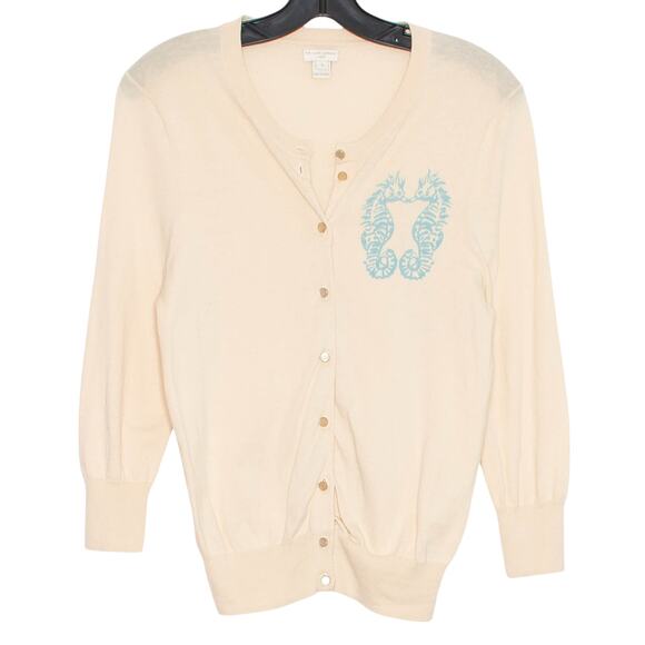 J Crew Cardigan Sweater Clare Seahorse Y2K Coastal Grandma Cottage Boho Small - Picture 1 of 6
